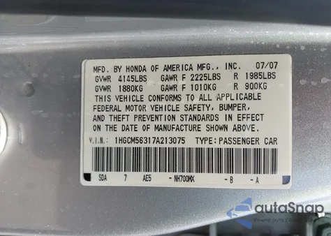 2007 Honda Accord 2.4 Se from USA, damaged, VIN 1HGCM56317A213075
